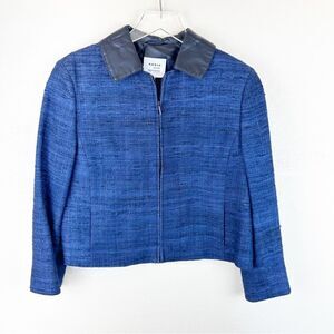 Akris Silk Faux Leather Crop Jacket Zip Size 8 Navy Tweed
